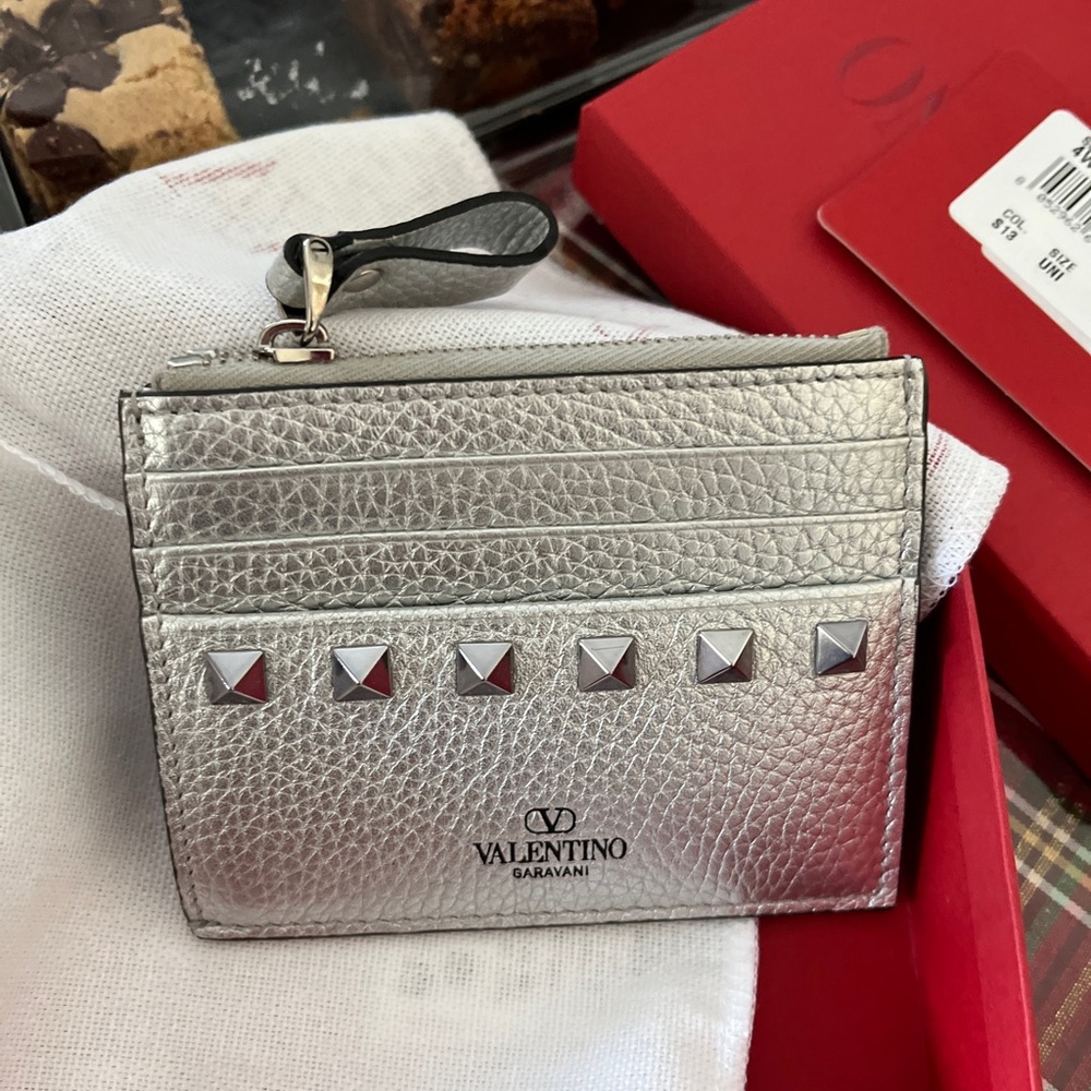 Valentino Metallic Silver Card Holder with Studs